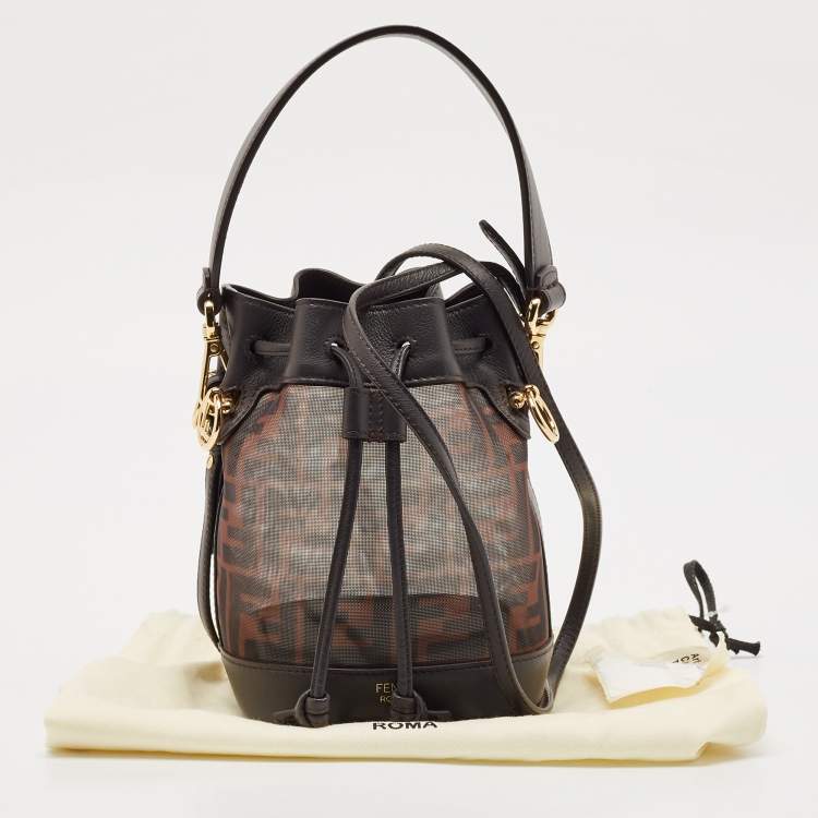 Pre Owned Fendi Tobacco Zucca Mesh and Leather Mini Mon Tresor Bucket Bag