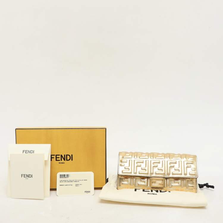 Pre Owned Fendi Gold Zucca Embossed Leather FF Flap Continental Wallet