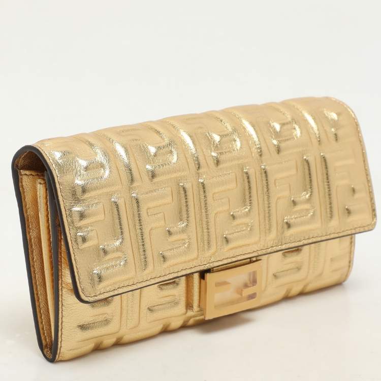 Pre Owned Fendi Gold Zucca Embossed Leather FF Flap Continental Wallet