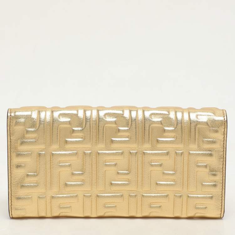 Pre Owned Fendi Gold Zucca Embossed Leather FF Flap Continental Wallet