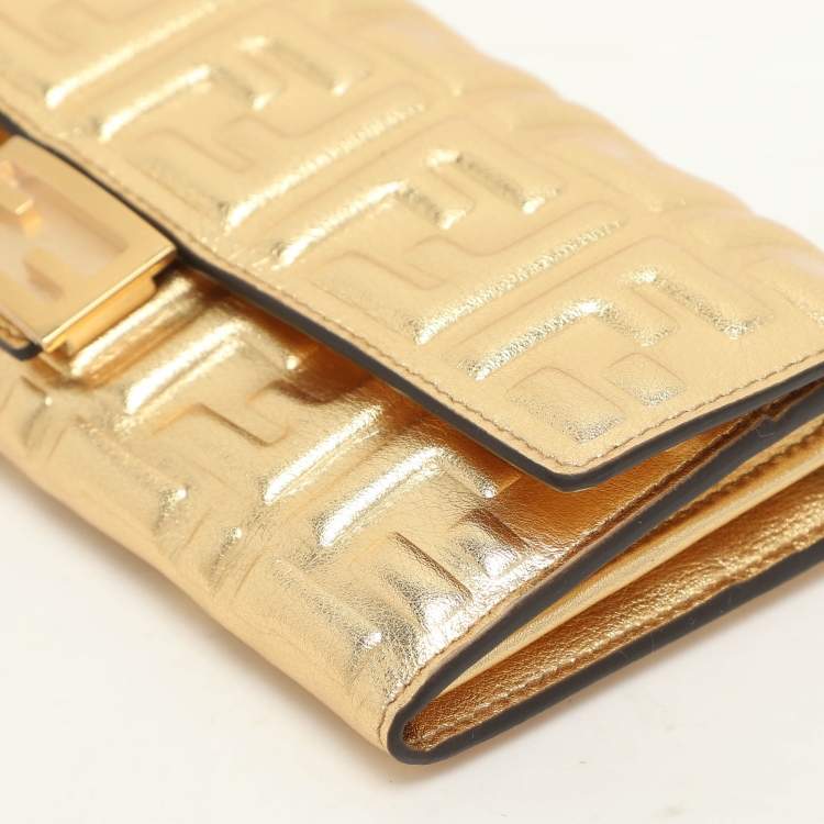 Pre Owned Fendi Gold Zucca Embossed Leather FF Flap Continental Wallet