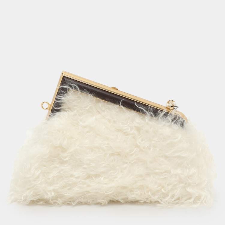 Pre Owned Fendi White Shearling Fur and Leather Fendi First Clutch