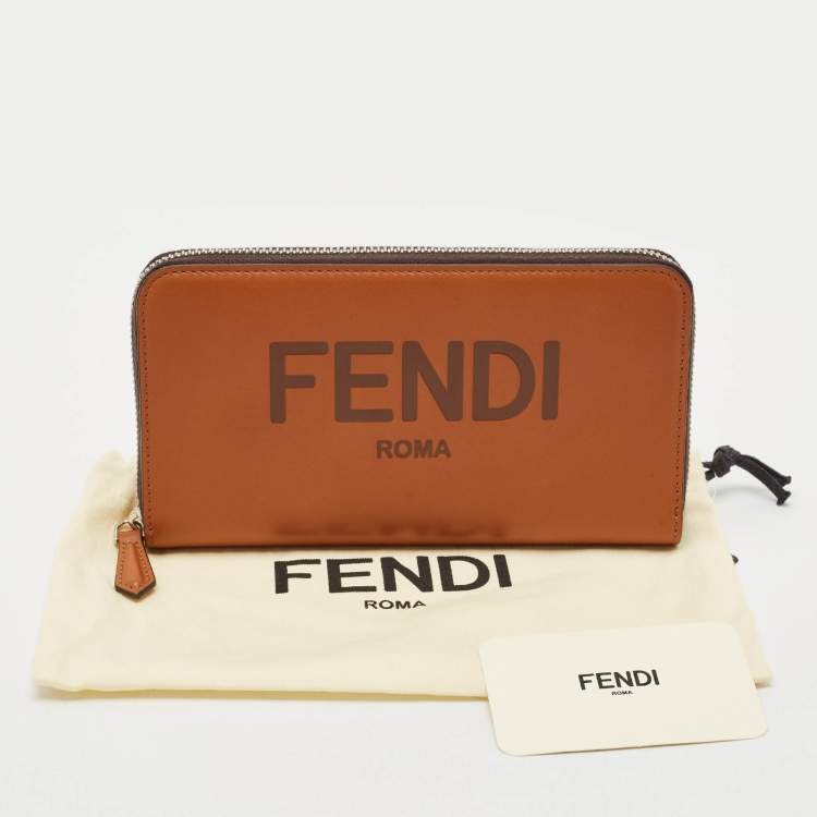 Pre Owned Fendi Brown Leather Logo Embossed Zip Around Wallet