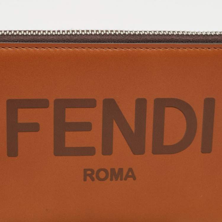 Pre Owned Fendi Brown Leather Logo Embossed Zip Around Wallet