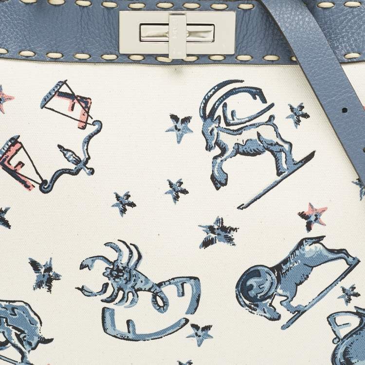 مملوكة مسبقًا Fendi Blue/Off White Selleria Leather and Canvas Medium Astrology Peekaboo ISeeU Top Handle Bag