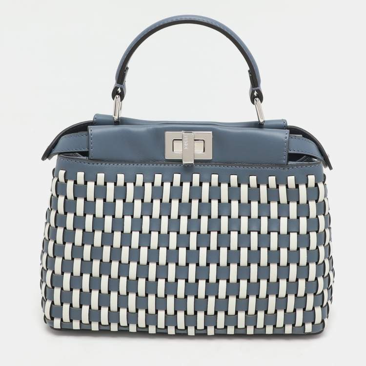 Pre Owned Fendi Blue/White Woven Leather Mini Peekaboo Top Handle Bag