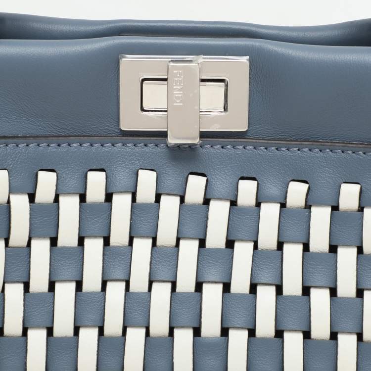 Pre Owned Fendi Blue/White Woven Leather Mini Peekaboo Top Handle Bag