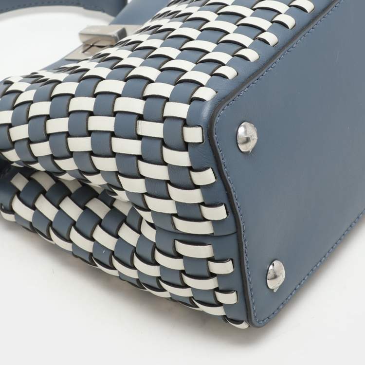 Pre Owned Fendi Blue/White Woven Leather Mini Peekaboo Top Handle Bag