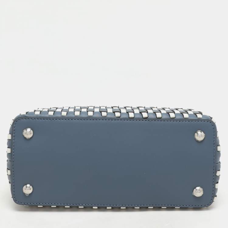 Pre Owned Fendi Blue/White Woven Leather Mini Peekaboo Top Handle Bag