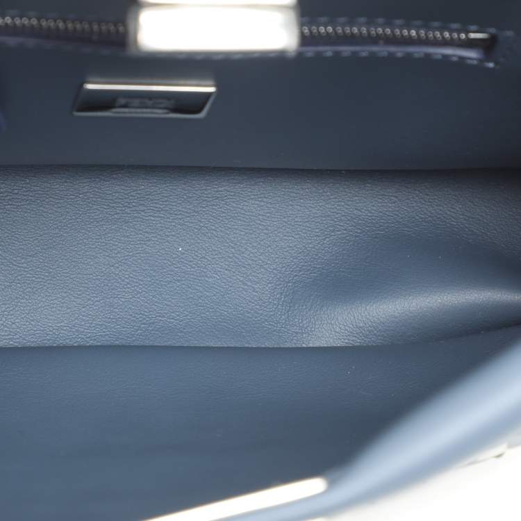 Pre Owned Fendi Blue/White Woven Leather Mini Peekaboo Top Handle Bag