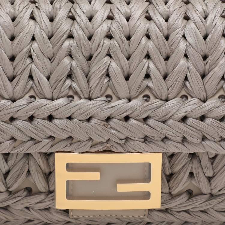 Pre Owned Fendi Grey Raffia and Leather Baguette Bag