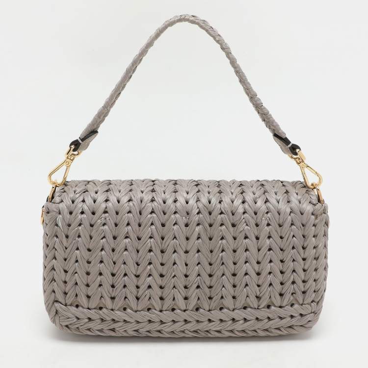 Pre Owned Fendi Grey Raffia and Leather Baguette Bag