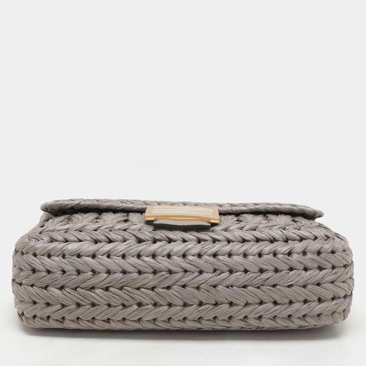 Pre Owned Fendi Grey Raffia and Leather Baguette Bag