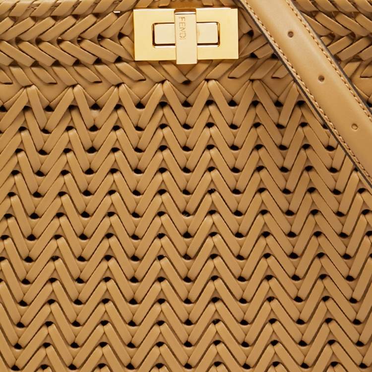 Pre Owned Fendi Beige Leather Small Braided Peekaboo ISeeU Top Handle Bag