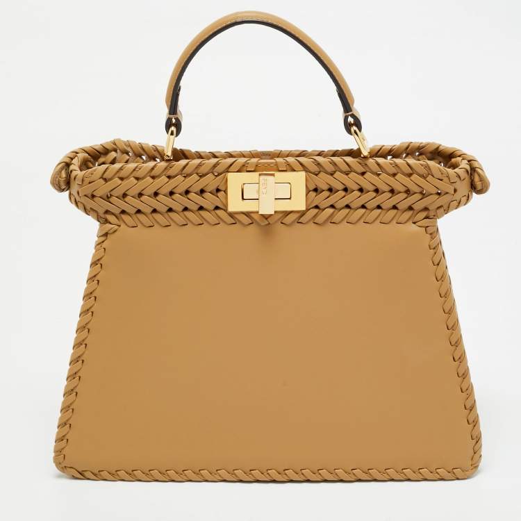 Pre Owned Fendi Beige Leather Small Braided Peekaboo ISeeU Top Handle Bag