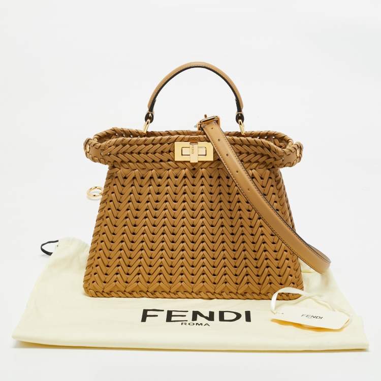 Pre Owned Fendi Beige Leather Small Braided Peekaboo ISeeU Top Handle Bag