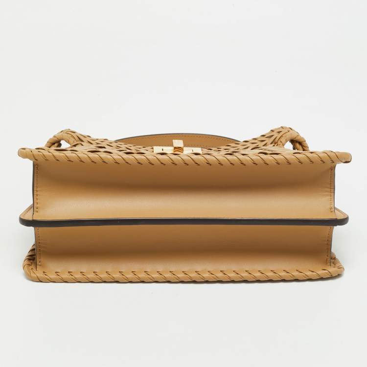 Pre Owned Fendi Beige Leather Small Braided Peekaboo ISeeU Top Handle Bag
