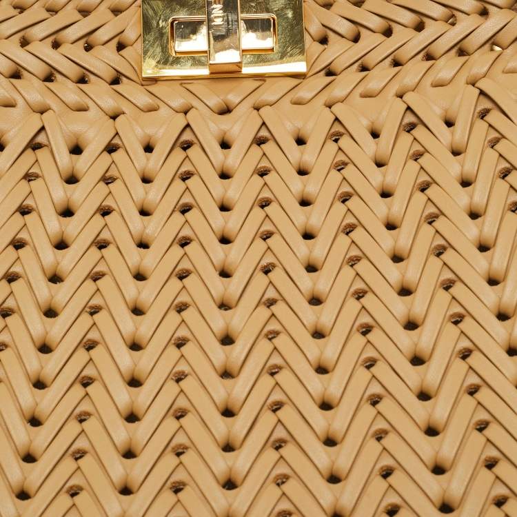 Pre Owned Fendi Beige Leather Small Braided Peekaboo ISeeU Top Handle Bag