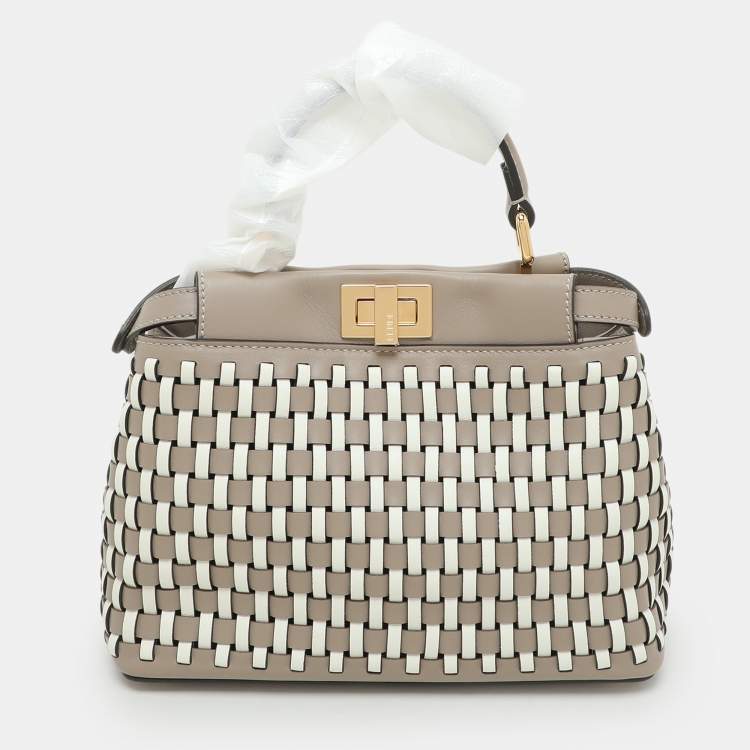 Pre Owned Fendi Toupe/White Woven Leather Mini Peekaboo Top Handle Bag