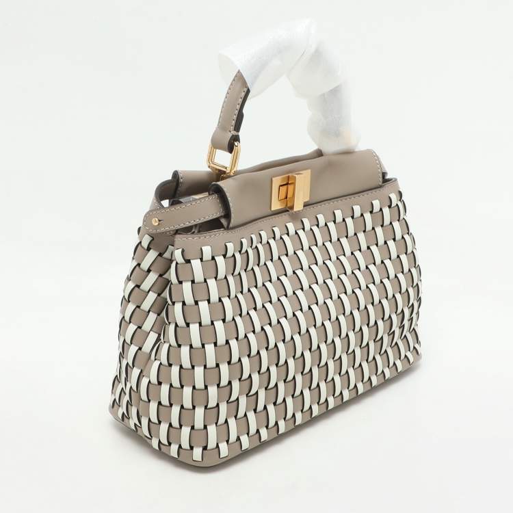 Pre Owned Fendi Toupe/White Woven Leather Mini Peekaboo Top Handle Bag