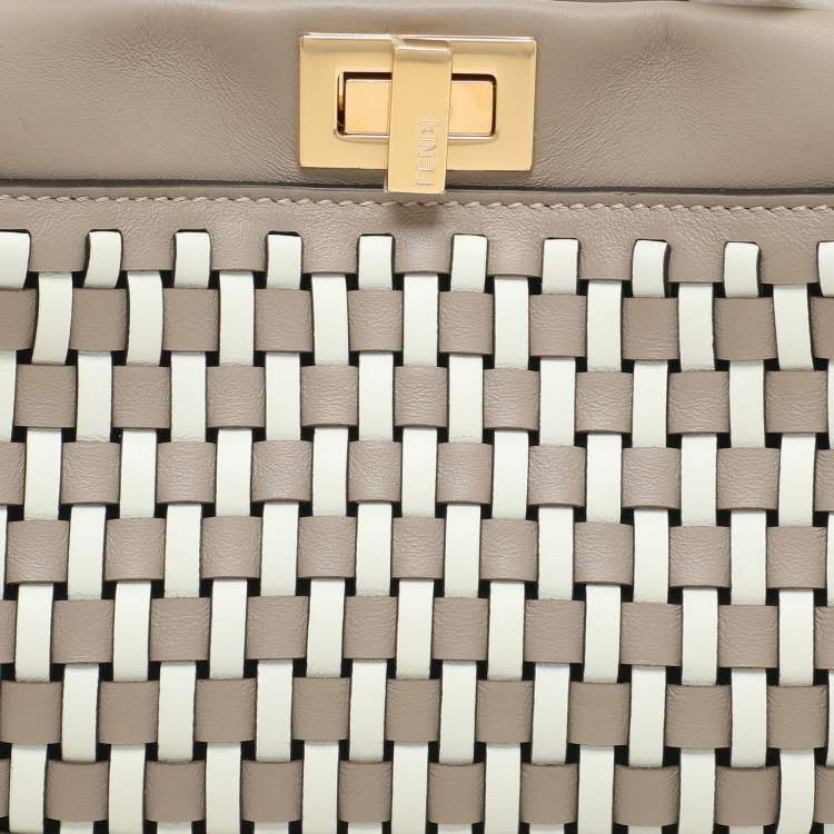 Pre Owned Fendi Toupe/White Woven Leather Mini Peekaboo Top Handle Bag