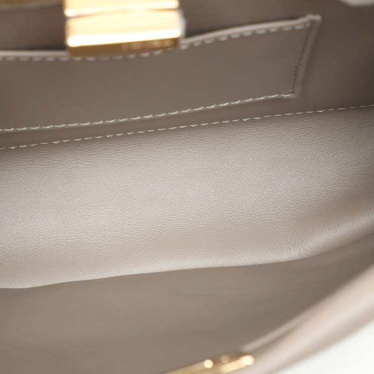 Pre Owned Fendi Toupe/White Woven Leather Mini Peekaboo Top Handle Bag