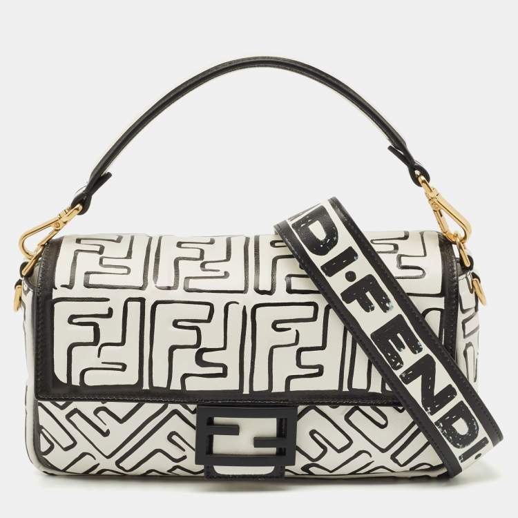 Pre Owned Fendi x Joshua Vides White/Black Leather Medium California Sky Baguette Bag