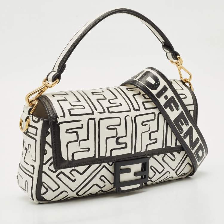 Pre Owned Fendi x Joshua Vides White/Black Leather Medium California Sky Baguette Bag