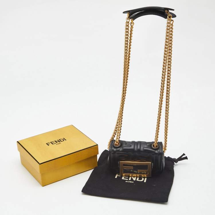 Pre Owned Fendi Black FF Embossed Leather Nano Baguette Crossbody Bag