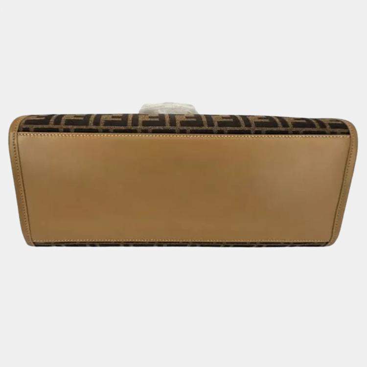 Pre Owned Fendi Sunshine Medium Brown FF Jacquard and Leather Tote Bag