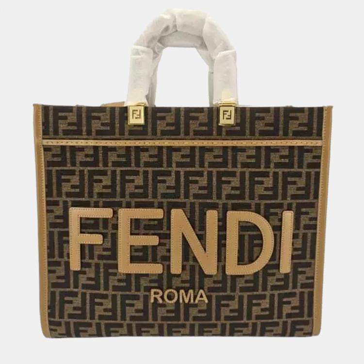 Pre Owned Fendi Sunshine Medium Brown FF Jacquard and Leather Tote Bag