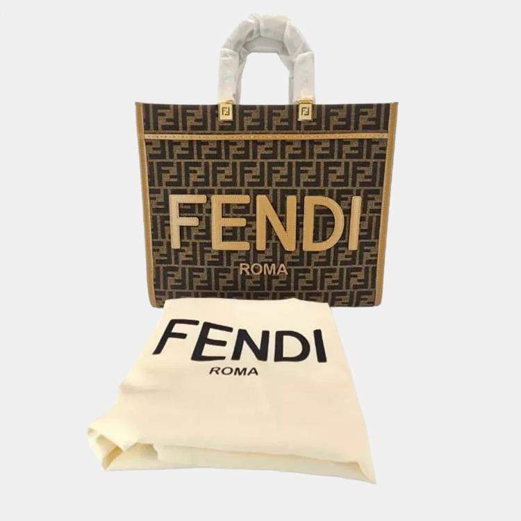 Pre Owned Fendi Sunshine Medium Brown FF Jacquard and Leather Tote Bag