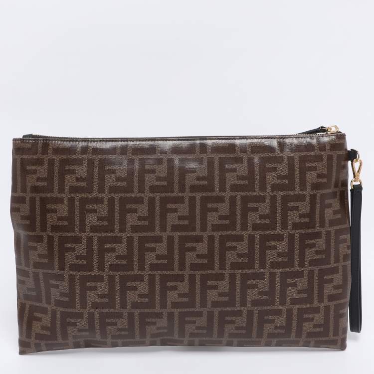 Pre Owned Fendi Brown Coated Canvas FFreedom Flat Pouch Bag