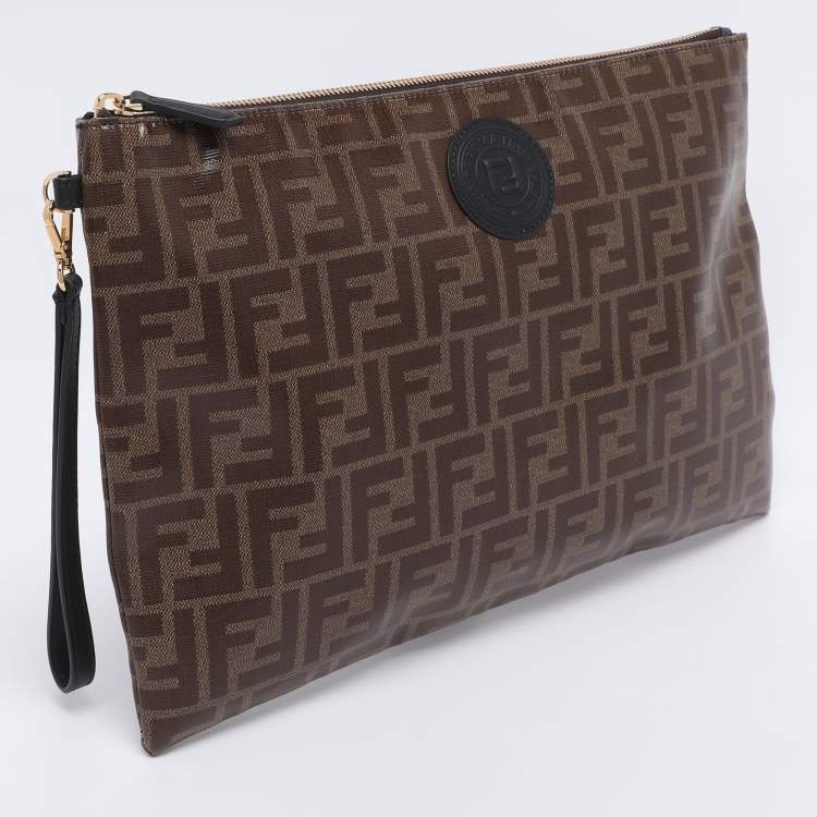 Pre Owned Fendi Brown Coated Canvas FFreedom Flat Pouch Bag