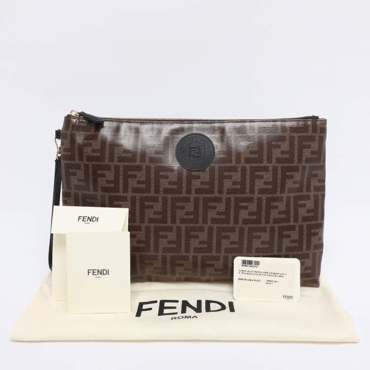 Pre Owned Fendi Brown Coated Canvas FFreedom Flat Pouch Bag