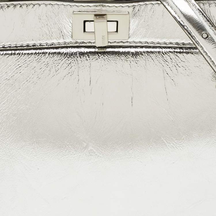Pre Owned Fendi Silver Leather Petite Peekaboo ISeeU Top Handle Bag