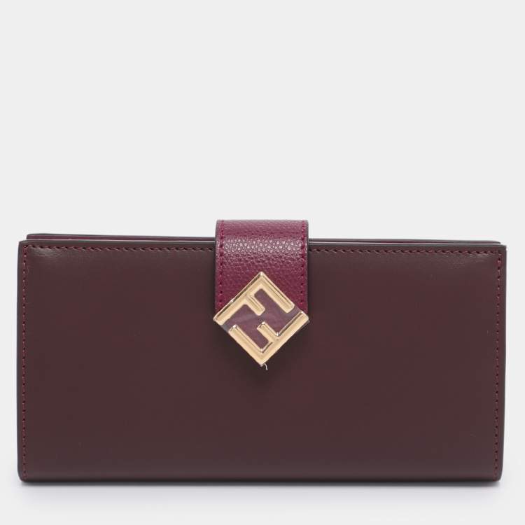 Pre Owned Fendi Burgundy Leather FF Diamond Continental Wallet