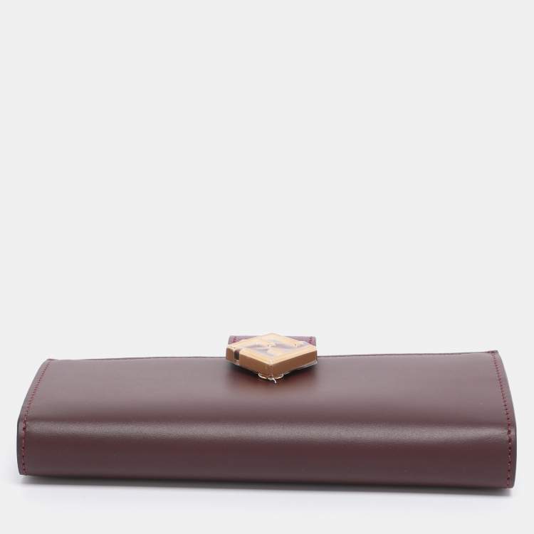 Pre Owned Fendi Burgundy Leather FF Diamond Continental Wallet
