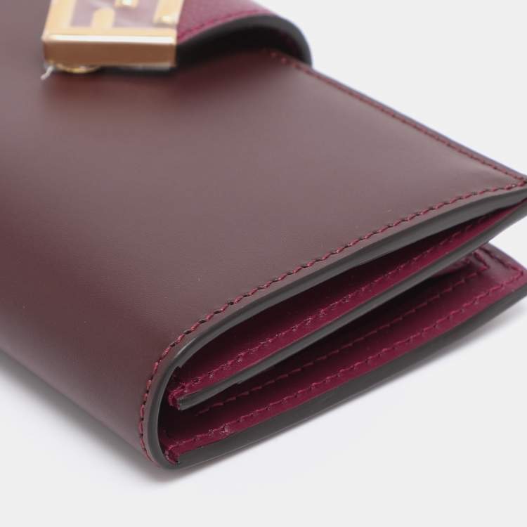 Pre Owned Fendi Burgundy Leather FF Diamond Continental Wallet