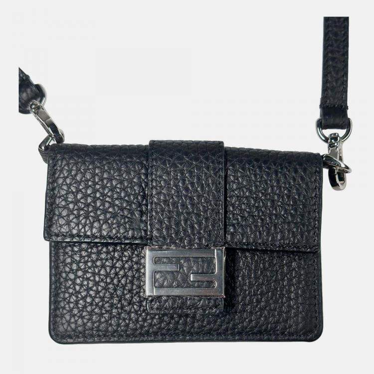 Pre Owned Fendi Black Micro Flat Baguette Cardholder With Strap