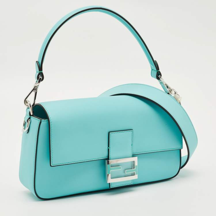 Pre Owned Fendi x Tiffany & Co. Blue Leather Sterling Silver Medium Baguette Bag