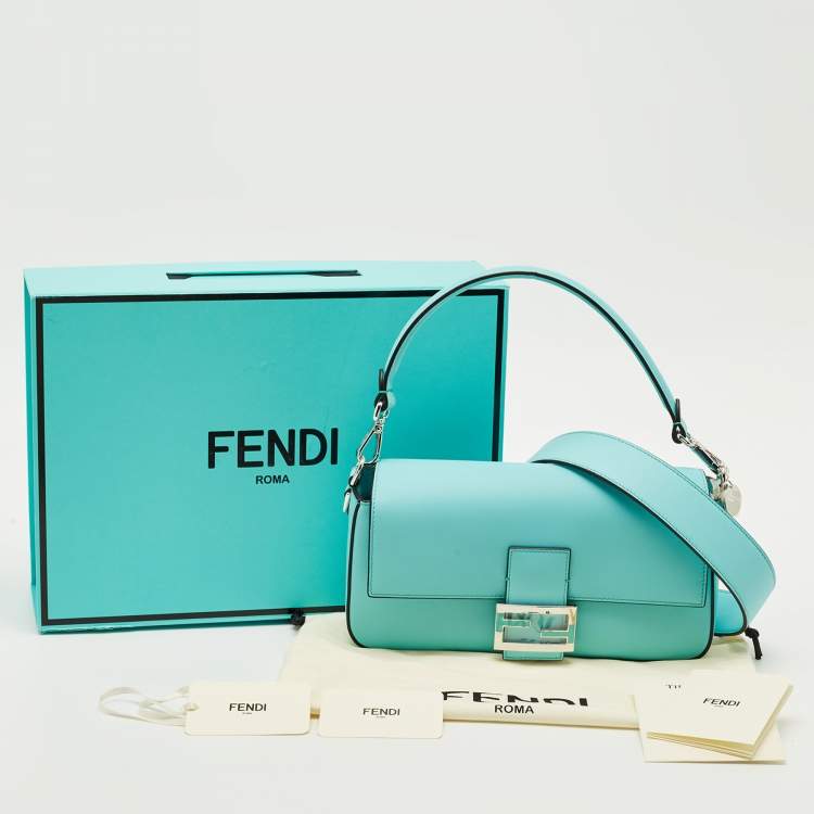Pre Owned Fendi x Tiffany & Co. Blue Leather Sterling Silver Medium Baguette Bag
