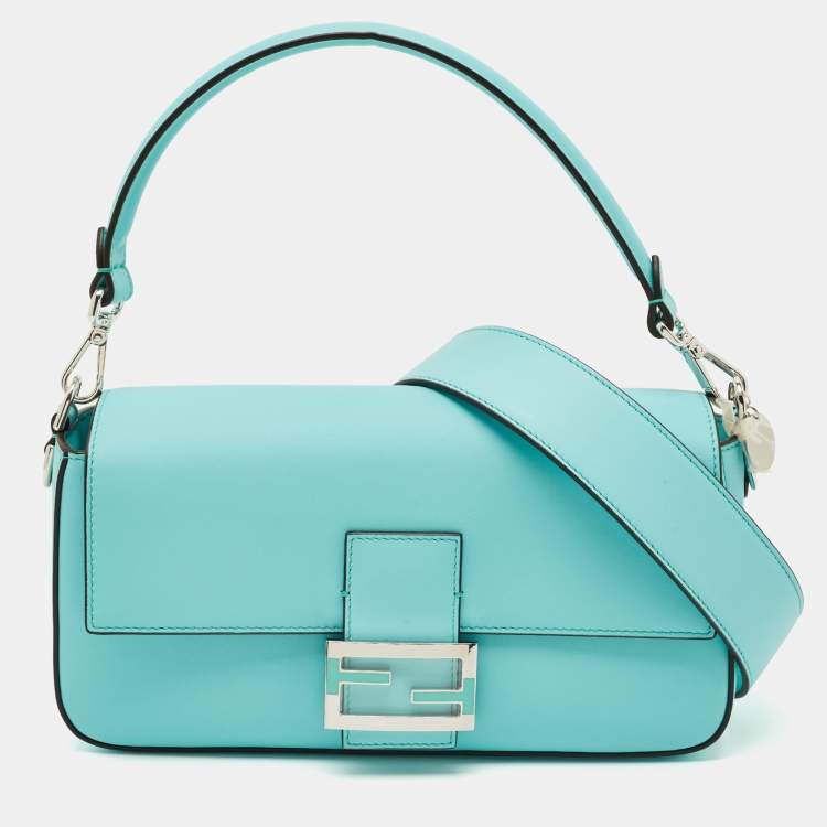 Pre Owned Fendi x Tiffany & Co. Blue Leather Sterling Silver Medium Baguette Bag