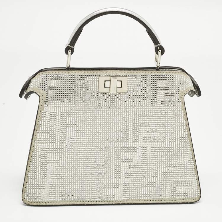 Pre Owned Fendi Silver FF Suede Crystal Petite Peekaboo ISeeU Top Handle Bag