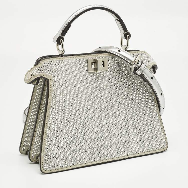 Pre Owned Fendi Silver FF Suede Crystal Petite Peekaboo ISeeU Top Handle Bag