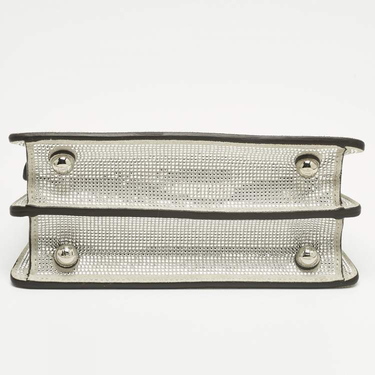 Pre Owned Fendi Silver FF Suede Crystal Petite Peekaboo ISeeU Top Handle Bag