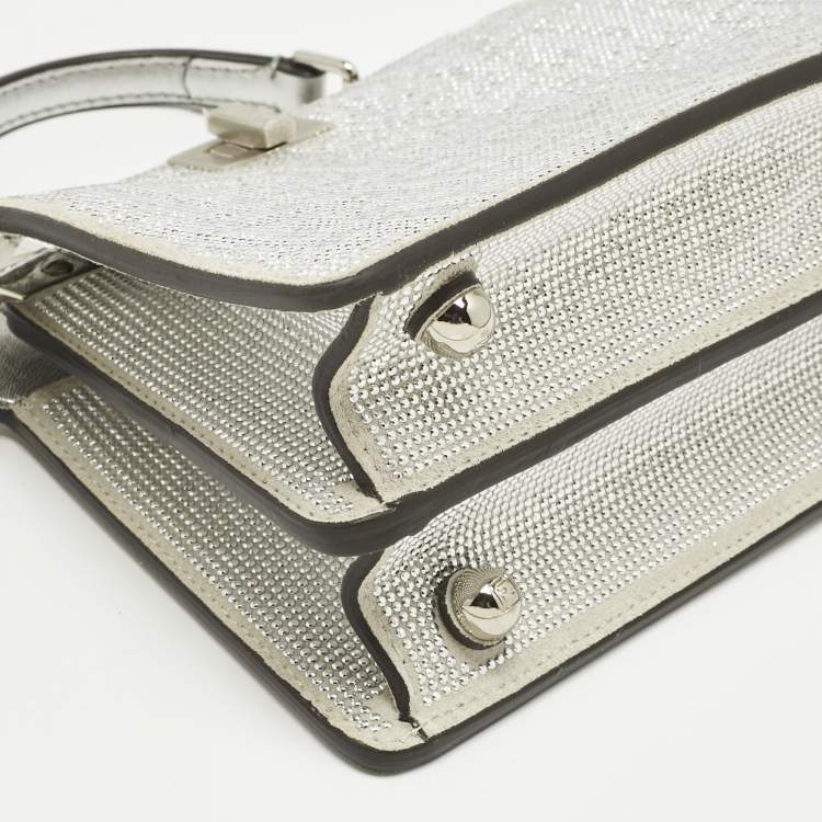 Pre Owned Fendi Silver FF Suede Crystal Petite Peekaboo ISeeU Top Handle Bag
