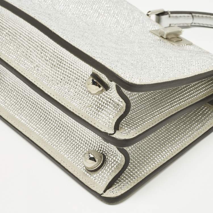 Pre Owned Fendi Silver FF Suede Crystal Petite Peekaboo ISeeU Top Handle Bag
