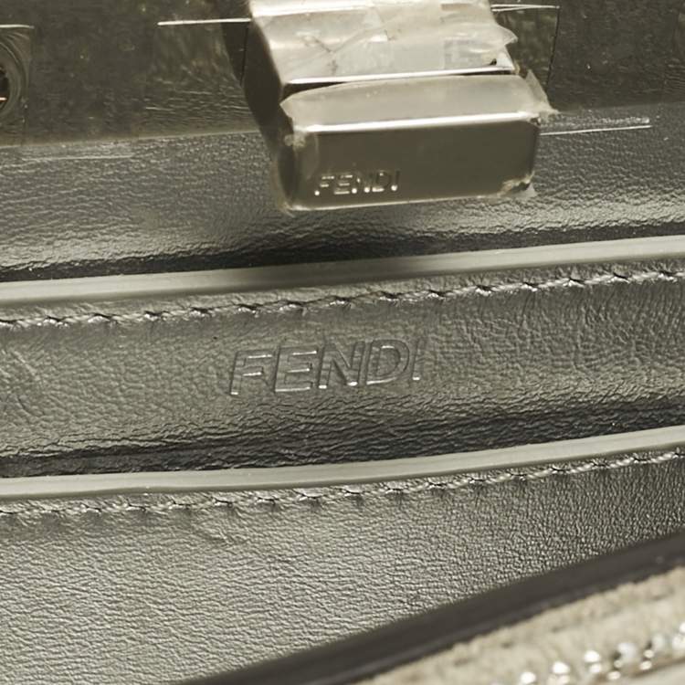 Pre Owned Fendi Silver FF Suede Crystal Petite Peekaboo ISeeU Top Handle Bag