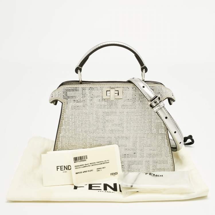 Pre Owned Fendi Silver FF Suede Crystal Petite Peekaboo ISeeU Top Handle Bag